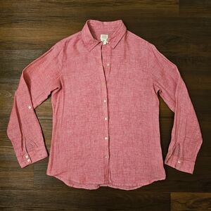Sigrid Olsen Pink 100% Linen Button-Down Shirt Roll Tab Sleeves Size M